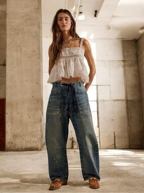 Free People We The Free Moxie Low Slung Pull On Barrel Jeans in Timeless Blue
